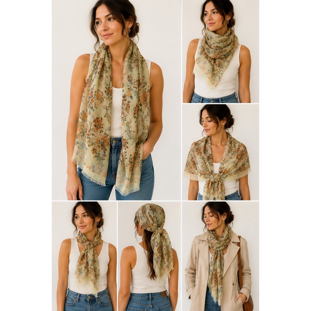 Melifluos Floral Scarf Lightweight Viscose Wrap Shawl Cream Orange Teal Boho